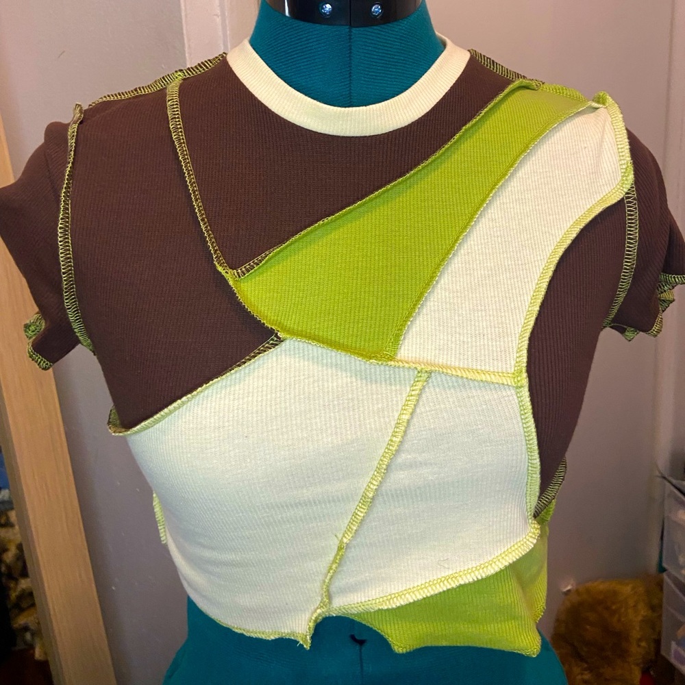 Patchwork Green And Brown Top - image 2